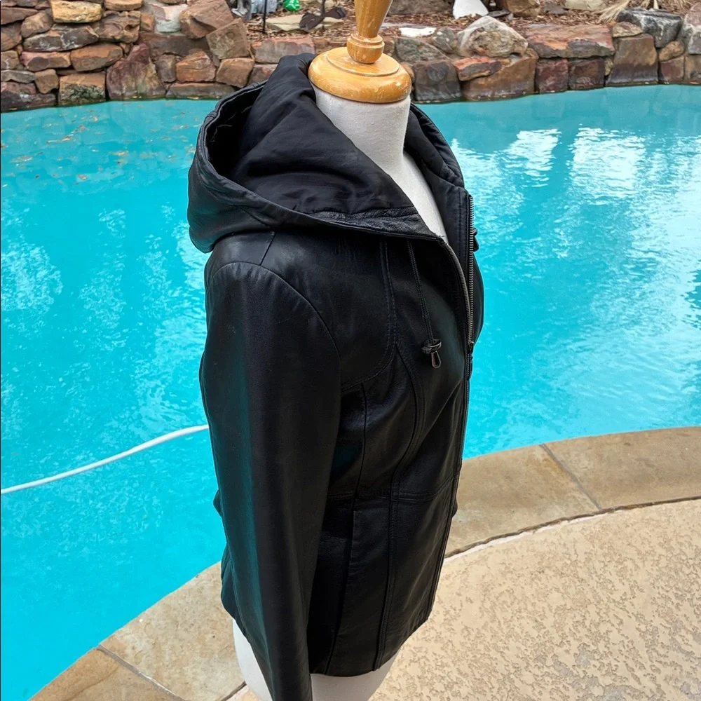 Kenneth Cole Reaction Black Hooded slimming Leather Jacket M - Picture 3 of 8